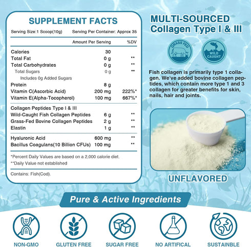 Marine Collagen Peptides Powder - Type I & III Hydrolyzed Collagen with Probiotics, Vitamin C & Hyaluronic Acid for Skin, Hair, Nails & Joint, Wild-Caught Fish & Grass-Fed Bovine, 35 Servings