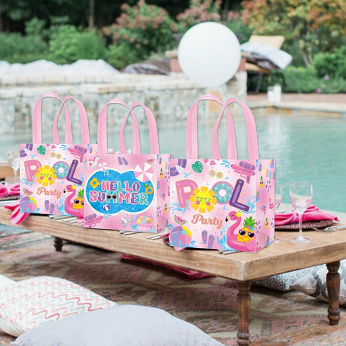 C L cooper life 12pcs Summer Pool Party Gift Treat Bags, Pink Hello Summer Theme Non-Woven Bags for Girls