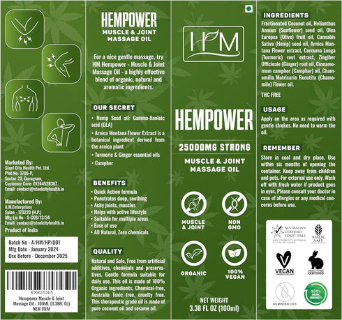 Hempower Massage Oil for Muscle & Joint Pain, 25000 MG Ultra-Strength Formula for Quick-Acting Relief