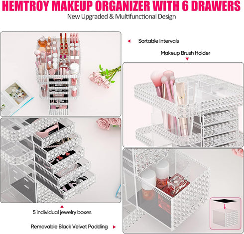 Rotating Makeup Organizer with 6 Drawers, DIY Adjustable Storage for Cosmetics and Jewelry, Clear