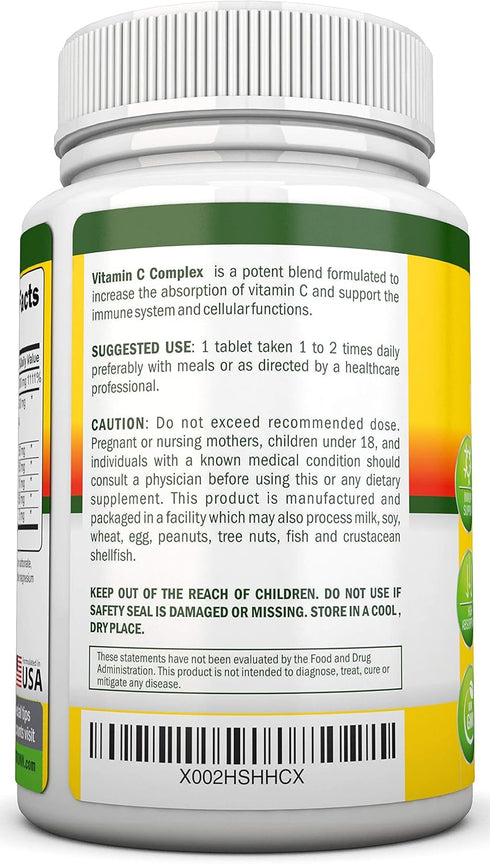 Super Vitamin C Complex - 1695Mg - 180 Tablets - with 530 mg Natural Citrus Bioflavonoids, Rose Hips, Rutin, Quercetin
