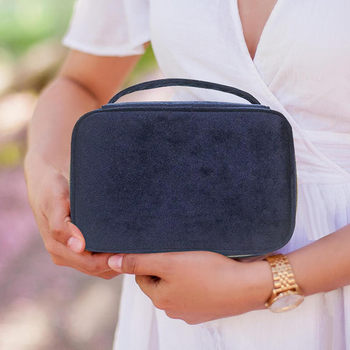 KOPY Velvet Makeup Bag for Women, Large Classy Makeup Organizer, Portable Travel Toiletry Bag with Handle (Navy)