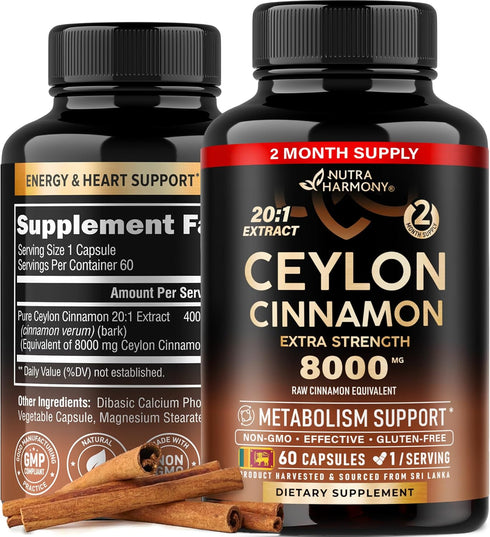 Ceylon Cinnamon Capsules - 8000 mg Extra Strength - Pure Natural Extract 20:1 Supplement for Men & Women - Energy,