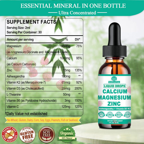 Calcium Magnesium Zinc D3 with Calm Magnesium Glycinate, Ashwagandha, L-Theanine - Immune, Bone, Muscle, Mood Support