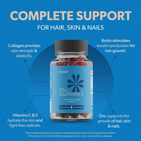 Gummies 60 Gummies (30-Day BIOMA Hair, Skin & Nails Beauty - Supports Growth & Strength with Biotin, Collagen, Zinc