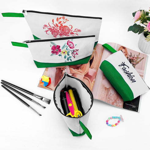 10 Pieces Cotton Canvas Makeup Bag with Zipper, Multi-Purpose Travel Toiletry Pouch, Blank DIY Craft Bag (White&Green,