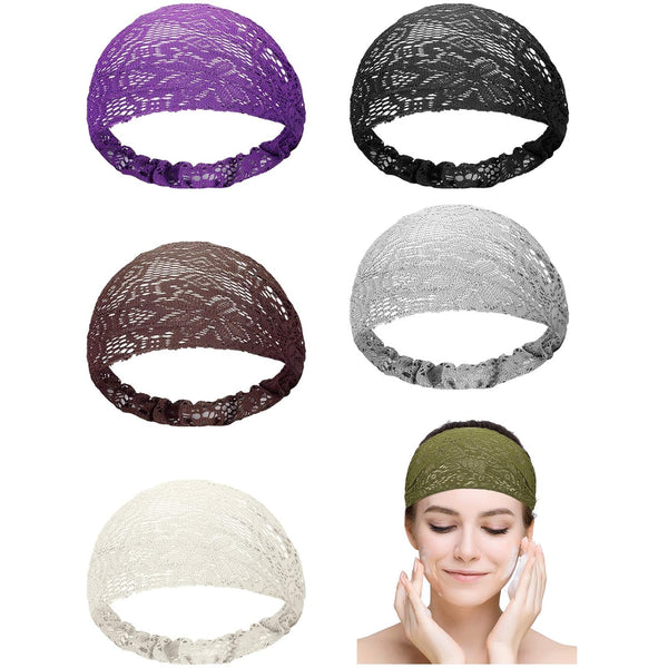 WILLBOND 6 Pieces Lace Headbands for Women, Crochet Elastic Bohemian Vintage Hair Turban Accessories, Retro Pattern, 6