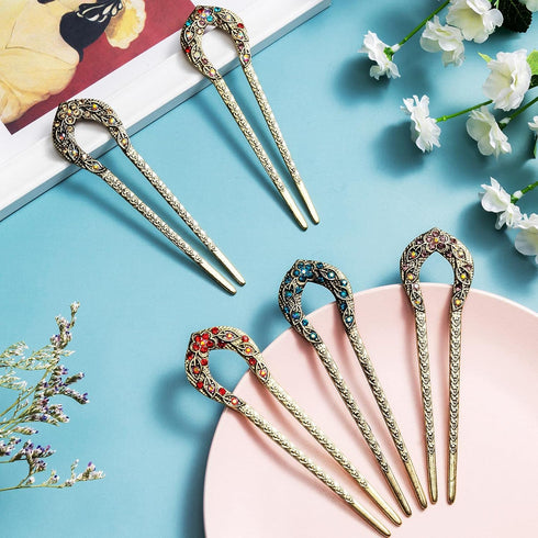 Waydress 5 Pcs Vintage Hair Fork, French Hair Pin for Buns, Metal Chignon Pin with Crystal Rhinestone Double Prong