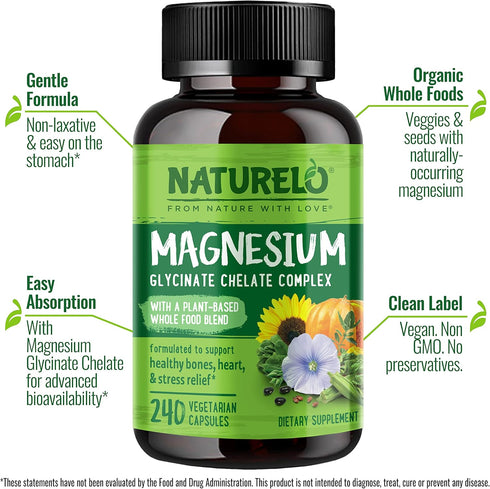 NATURELO Magnesium Glycinate Supplement - 240 Capsules, 200 mg Glycinate Chelate with Organic Vegetables for Sleep &