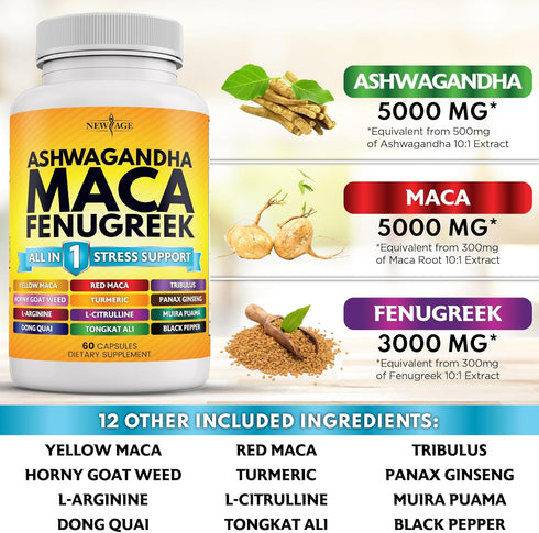 NEW AGE 5000mg Ashwagandha, 5000mg Maca Root, 3000mg Fenugreek Supplement with Ginseng & Tongkat Ali - 120 Count