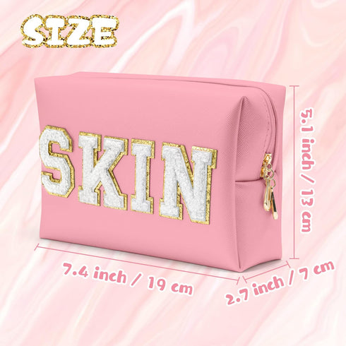 Y1tvei Preppy Patch Cosmetic Toiletry Bag, White Letter Pink, PU Leather, Portable Makeup Storage Pouch