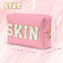 Y1tvei Preppy Patch Cosmetic Toiletry Bag, White Letter Pink, PU Leather, Portable Makeup Storage Pouch