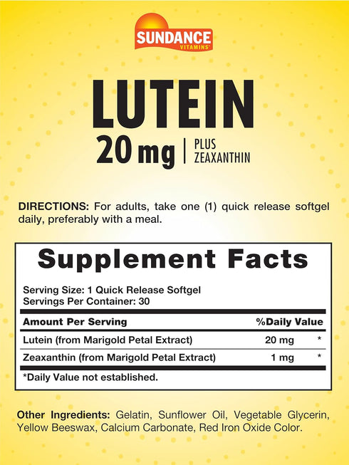 Lutein 20mg | 30 Softgels | with Zeaxanthin | Non-GMO and Gluten Free Supplement | by Sundance