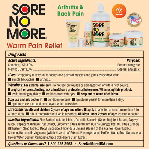 Sore No More Warm Arthritis Pain Relief Roll On - 3 oz, Non-Greasy Formula for Aches and Pains