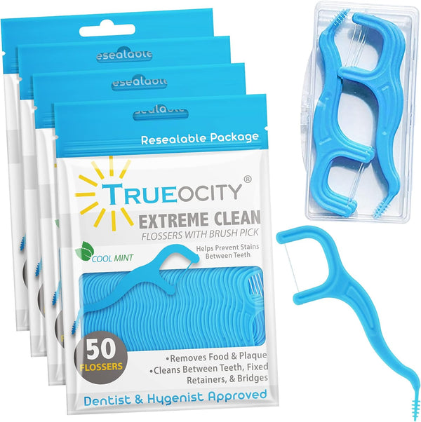 Trueocity Dental Flossers - 4 Pack with Travel Case (200 Total Count), Mint Flavored, Easy Grip, Prevents Tooth Decay