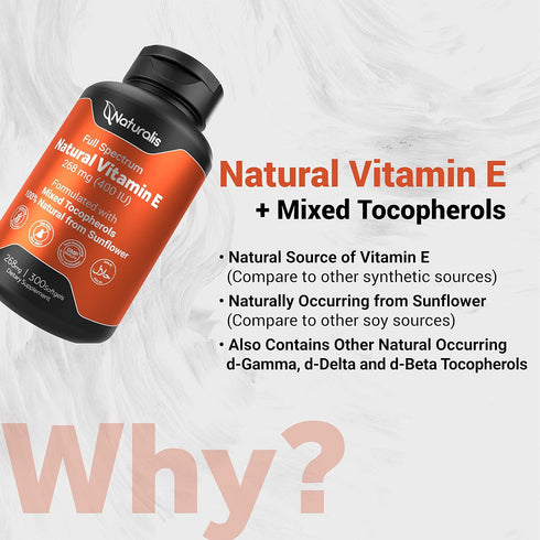 Naturalis Sunflower Vitamin E 268mg (400 IU) with Mixed Tocopherols | 300 Softgels | Non-GMO, Soy & Gluten Free |
