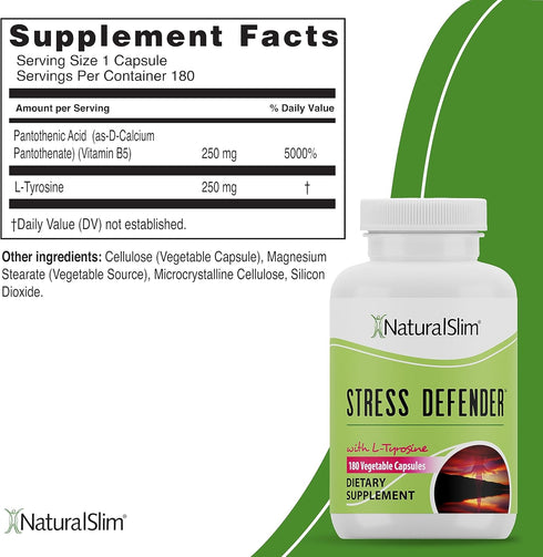 NaturalSlim Stress Defender - L Tyrosine & Pantothenic Acid Supplements for Energy, Focus, Stress Support