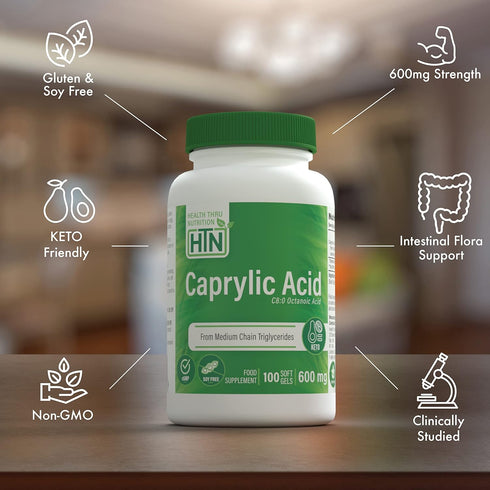 Health Thru Nutrition Caprylic Acid, 600mg, 100 Softgels, C8 Octanoic Acid from Pure 1g MCT Oil, Keto Friendly