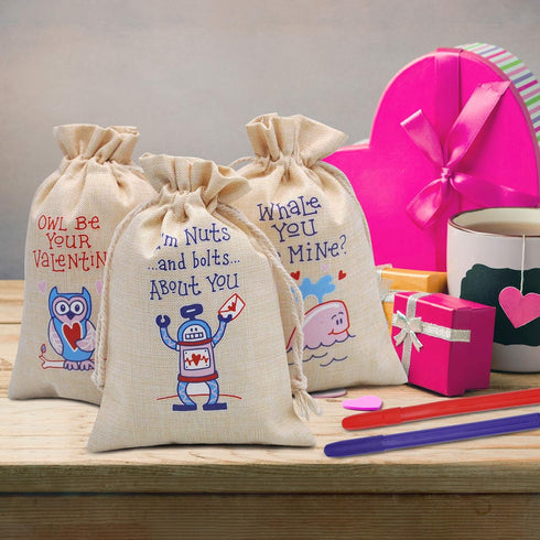 JOYIN 28 Pcs Valentine Drawstring Canvas Bags with 3 Pens, 4x5.75 Inch Pouch for Kids Party Favor
