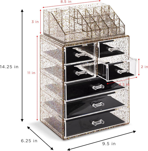 Sorbus Clear Cosmetic Makeup Organizer, Spacious Case & Display for Makeup and Jewelry (Glitter, 3 Large, 4 Small