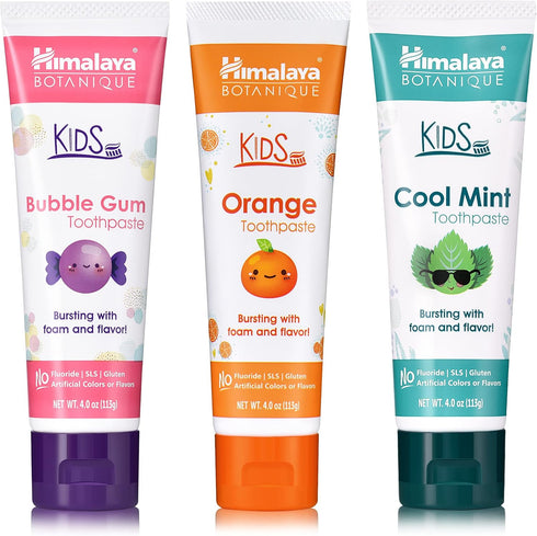 Himalaya Botanique Kids Toothpaste with Xylitol, Variety Pack of Bubble Gum, Orange