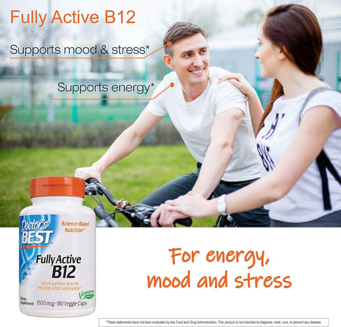 Doctor's Best Fully Active B12, 1500 Mcg, 180 Count, Supports Energy, Mood, Circulation, Non-GMO, Vegan, Gluten Free