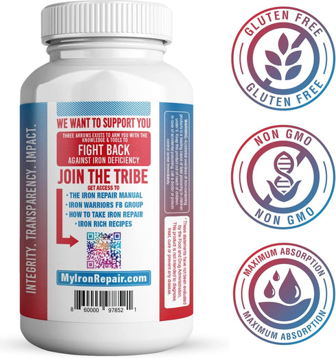 Iron Repair Plus Natural Iron Supplement - Best Absorption for Women, Men, Teens & Pregnancy with Methylated B-12, 90
