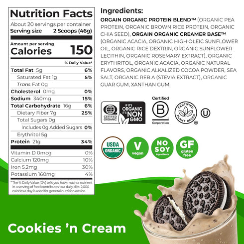 Orgain Organic Vegan Protein Powder, Cookies & Cream - 21g Plant Based Protein, Low Net Carb, 2.03 lb