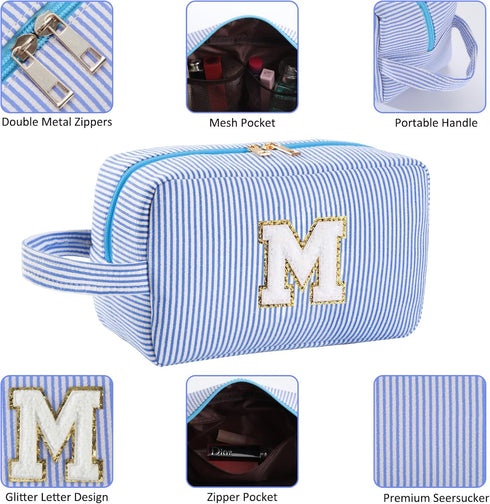 Personalized Initial Makeup Bag A-Z - Travel Toiletry Bag, Cute Cosmetic Pouch for Women, Blue, M