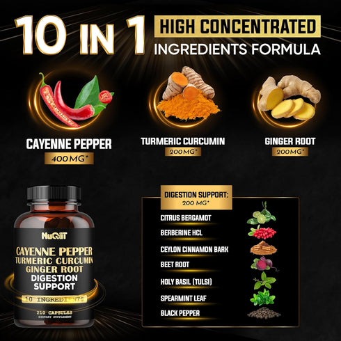 Extract 10:1 Cayenne Pepper Supplement with Turmeric Curcumin Root, Ginger Root, Ceylon Cinnamon Bark & More - Immune System, Joint Health & Digestive Health Support - 210 Capsules