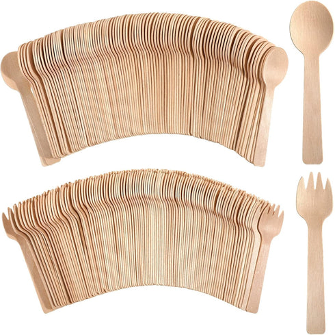 200 Count Disposable Wooden Cutlery Set, 100 Mini Wooden Spoons & 100 Mini Wooden Forks for Parties, Weddings, Camping