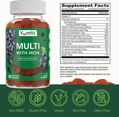 YumVs Multivitamin Gummies with Iron - Vegetarian Kosher Multi Vitamins for Adults, Grape Flavor, 60 Count, with