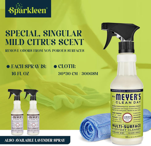 Mrs. Meyers Multi-Surface All Purpose Cleaner Set, 2 Pack Spray and Cloth Bundle for Bathroom, Living Room, 16 oz,