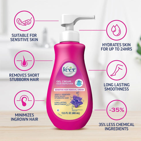 VEET Sensitive Skin Hair Removal Cream for Women, 13.5 FL OZ Pump Bottle, Painless Depilatory Gel for Bikini Line,