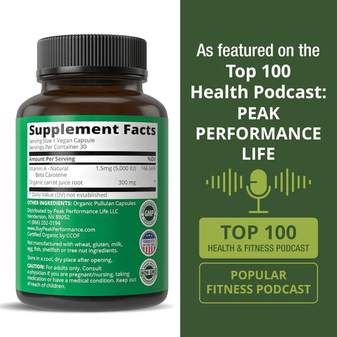 Certified Organic Vitamin A 5000 IU Supplement Capsules - High Potency Vitamins for Adults, Kids, Non-GMO, Vegan