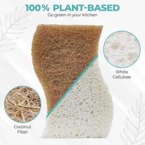 Pack 12 Plant Based Natural Sponge - of Cellulose Sponges, Safe on Non-Stick Cookware, Dual Sided Dish Sponge