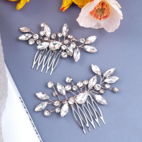 OIIKI 2PCS Silver Rhinestone Hair Combs, Clear Metal Bridal Hair Accessories for Women and Girls