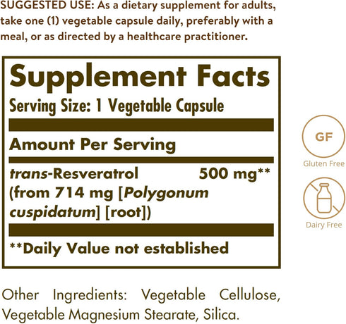Solgar Resveratrol 500 mg, 30 Vegetable Capsules, Antioxidant Protection