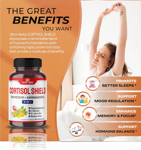 CORTISOL SHIELD 9 in 1, 15,250mg Magnesium + Ashwagandha with Phosphatidylserine, Relaxation Support, 90 Count