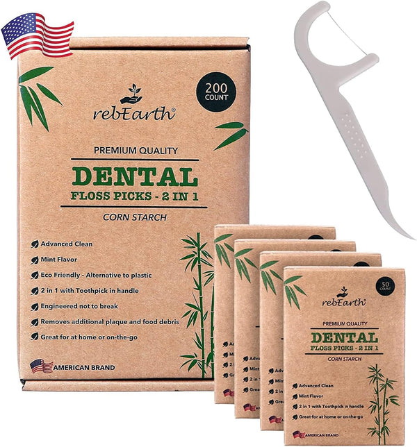 Natural Dental Floss Picks, Mint Flavored Toothpicks, 2-in-1 Natural Floss & Toothpicks, 200 Count