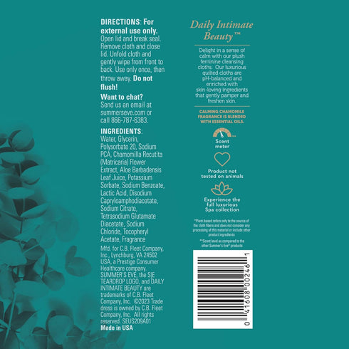 Summer's 100% 24 Count Eve Spa Calming Chamomile Feminine Wipes, Plant Based*, pH balanced Plush Cloths