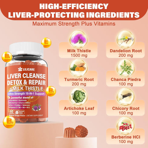 Liver Cleanse Detox & Repair Gummies with Milk Thistle 1500mg, 18-IN-1 Liver Health Supplement with Berberine and