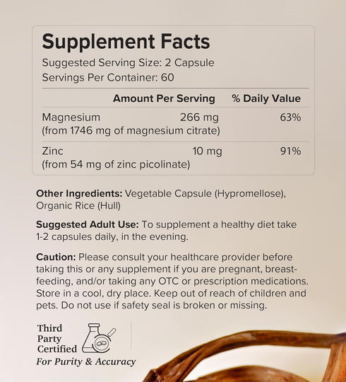 Potent & Pure Magnesium & Zinc Complex - Fully Reacted Magnesium with Chelated Zinc Picolinate, 120 Capsules