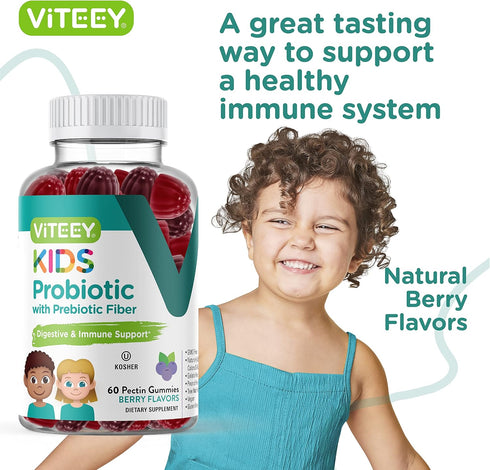 Probiotic Gummies for Kids Plus Prebiotics Fiber - 2 Billion CFUs - Chewable Probiotic Berry Flavored Gummy