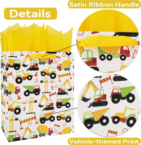 wishinside 13" Set -10.2x5.2x13, 1 Large Construction Vehicle Gift Bag with Greeting Card and Tissue Paper (Yellow Car