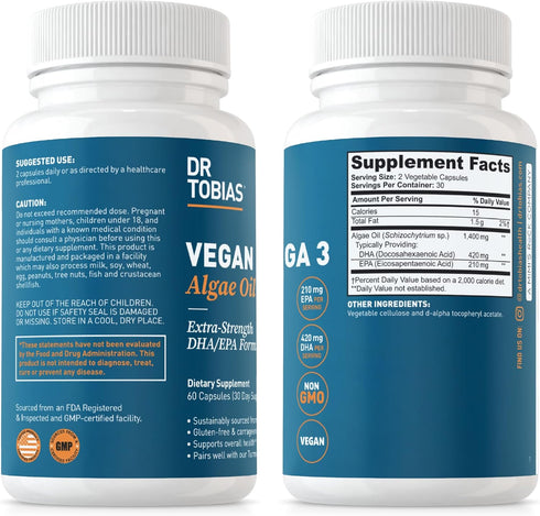 Dr. Tobias Vegan Omega 3 Algae Oil - 60 Capsules, 1400mg Vegan Omega 3 Supplement with Extra-Strength DHA & EPA