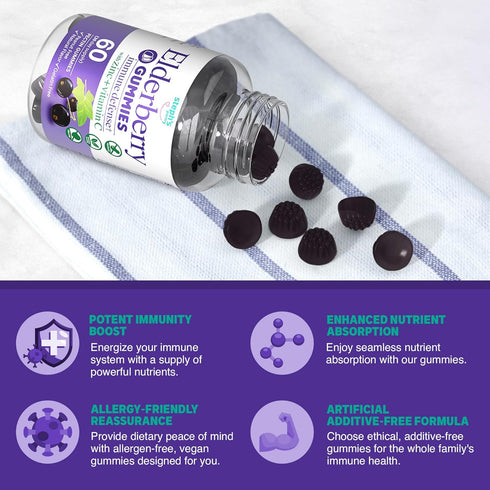 Elderberry Gummies with Vitamin C and Zinc, Immune Booster for Adults and Kids, Vegan Natural Ingredients, 120 Gummies