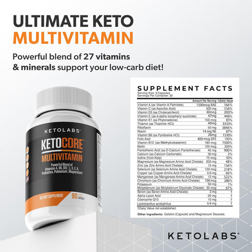 Ketocore Keto Vitamins, Multivitamin for Men & Women, 90 Capsules, Keto Friendly, Rich in Magnesium & Potassium