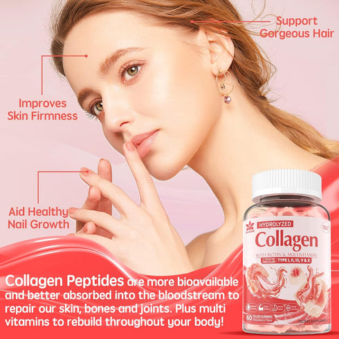 Sugar-Free Hydrolyzed Collagen Peptide Gummies, Extra Strength 1500mg Protein Type I, II, III, V, X with 5000mcg Biotin