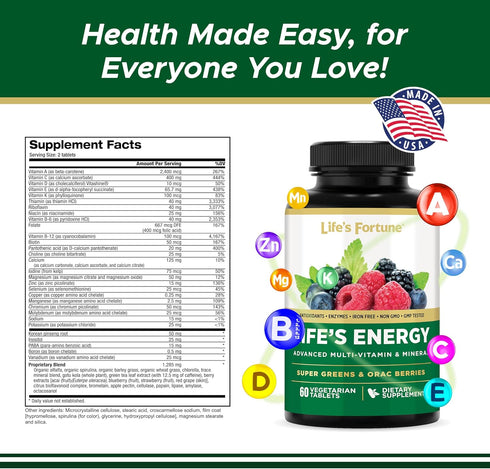 Life's Fortune Advanced Multi-Vitamin and Mineral for Men & Women, Non-GMO, 60 Veggie Tablets
